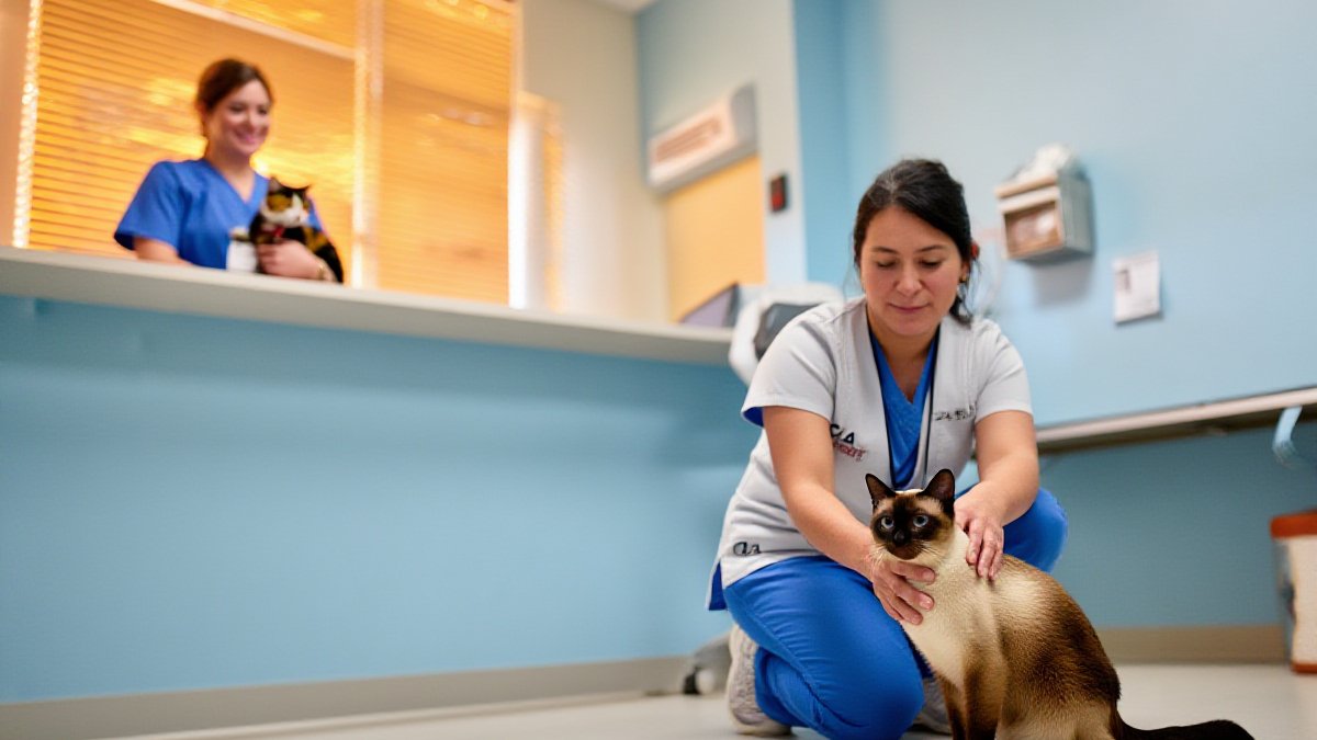 A friendly veterinary receptionist greeting a woman holding a calm calico cat at the front desk of a bright Northern California animal clinic