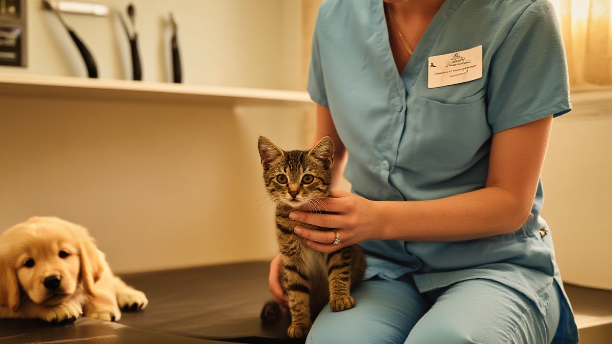 A cat owner carrying a carrier into a bright American veterinary clinic lobby at sunrise, warm light through the glass, reception counter ahead