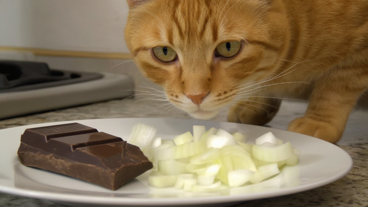 An orange tabby cat standing on a kitchen counter beside a plate of chopped onions and a wedge of dark chocolate, mid-reach for the food