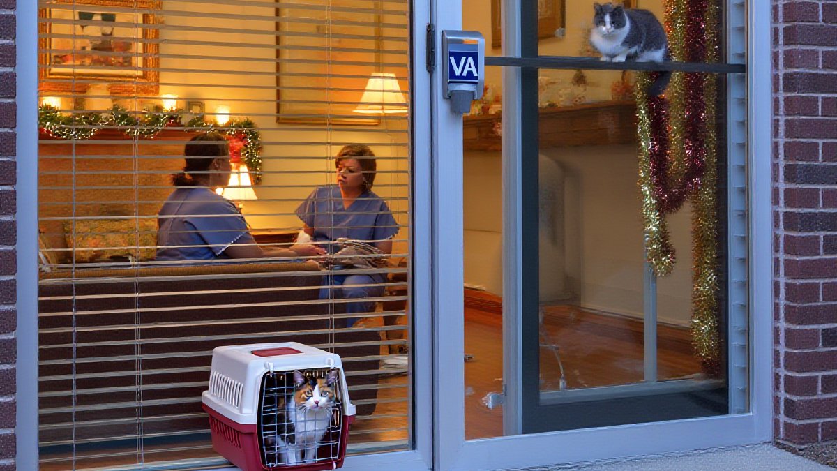 A calm gray-and-white cat sitting watchfully near holiday tinsel in a cozy, lamplit American living room decorated for the winter holidays, with an American veterinarian in scrubs nearby