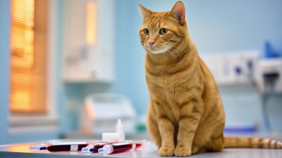 An orange tabby cat sitting calmly on an exam table in a bright veterinary examination room during a wellness check