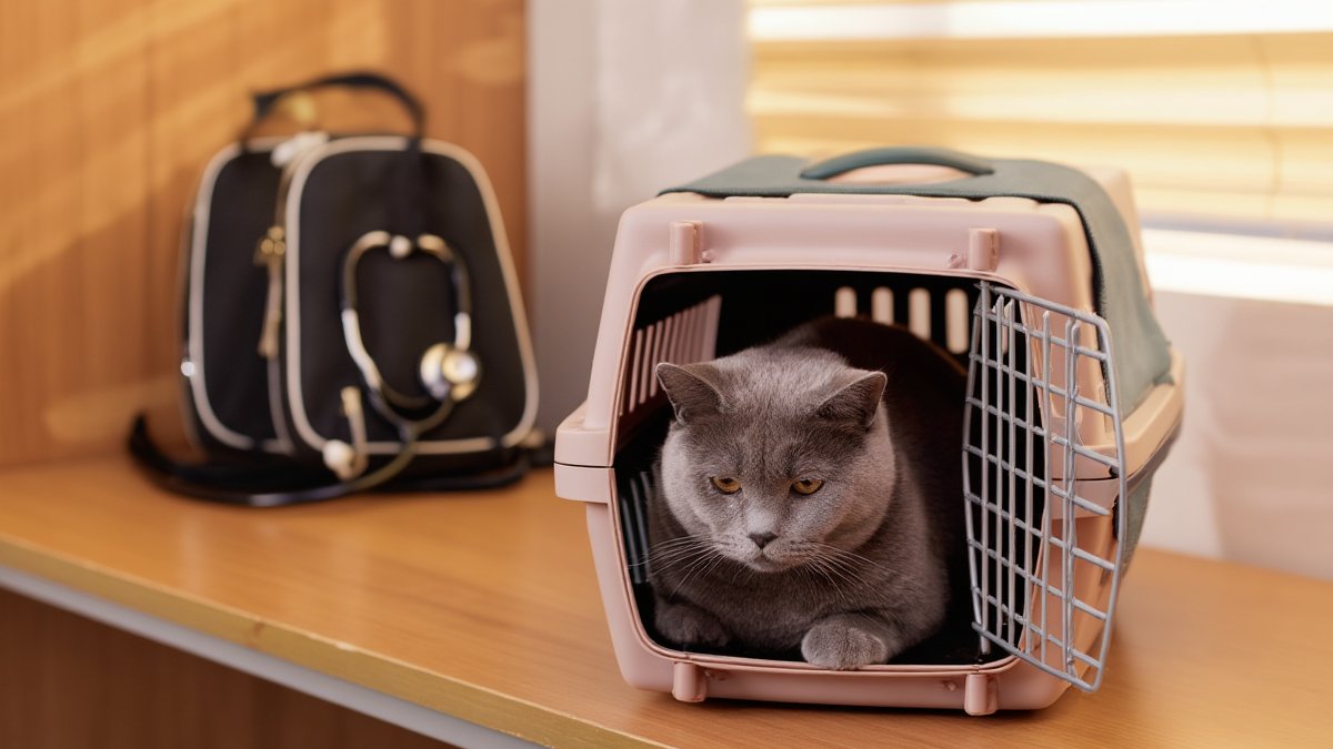 A calm grey cat sitting in a cat carrier waiting on a clinic bench with a stethoscope case beside it in warm afternoon light