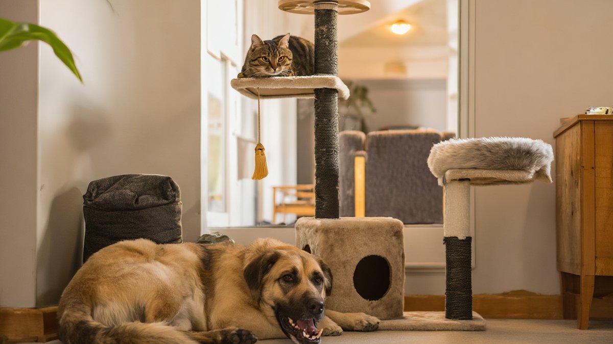 A calm brown tabby cat resting on a cat tree shelf while a large dog relaxes on the floor below in a bright living room