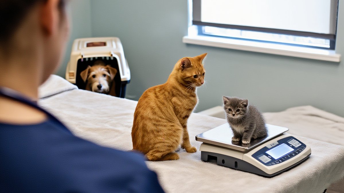A small grey tabby kitten sitting beside a digital veterinary scale in a bright exam room with soft natural light