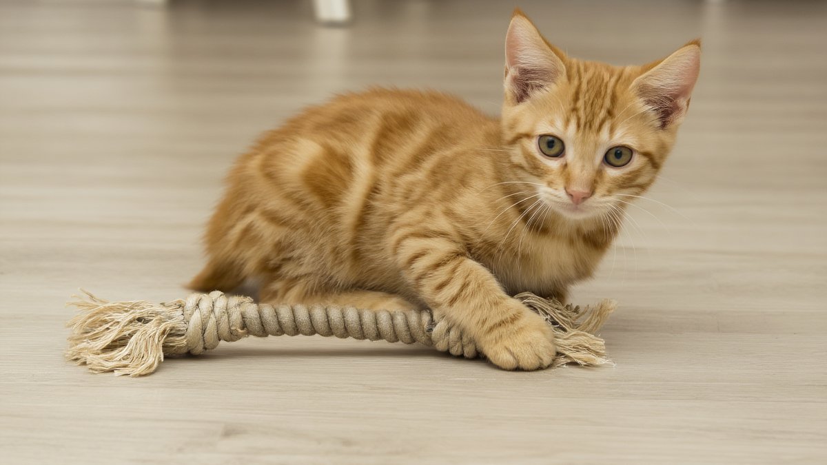 A ginger tabby kitten clamped down on a frayed rope toy, ears back and eyes half-closed, on a pale hardwood floor