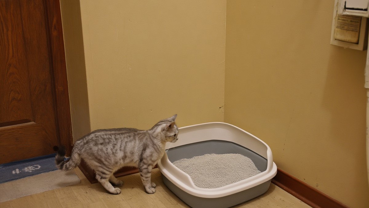 A silver tabby cat standing at the edge of a wide open litter box in a quiet room with warm afternoon light