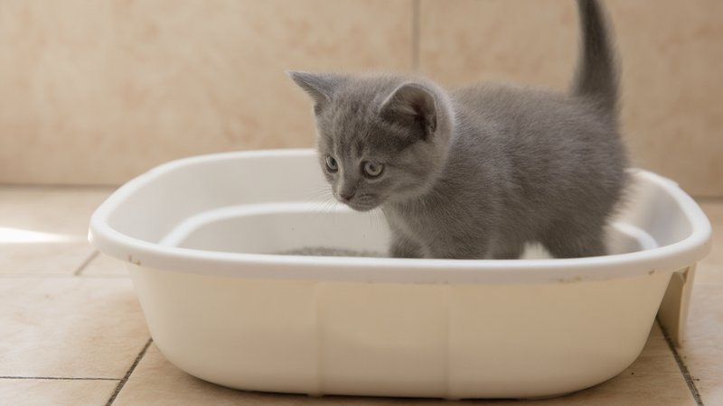 A small grey kitten stepping into a low-entry litter box on a tiled floor