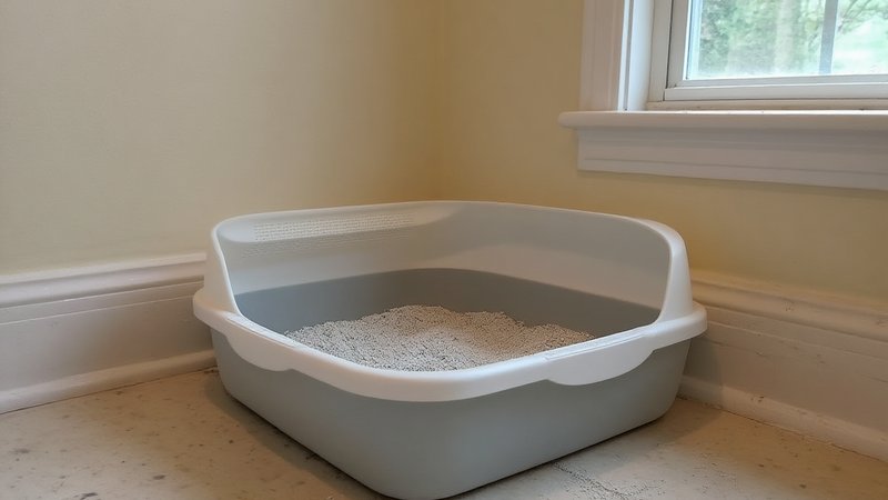 A wide uncovered litter box with unscented clumping litter in a quiet hallway corner of a lived-in home