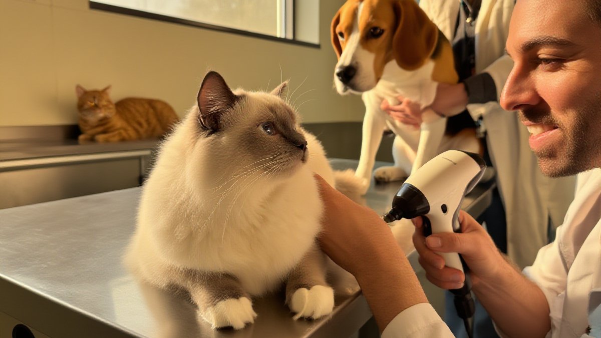 A ginger cat sitting calmly on a clinic counter while a handheld microchip scanner is passed over its shoulder blades