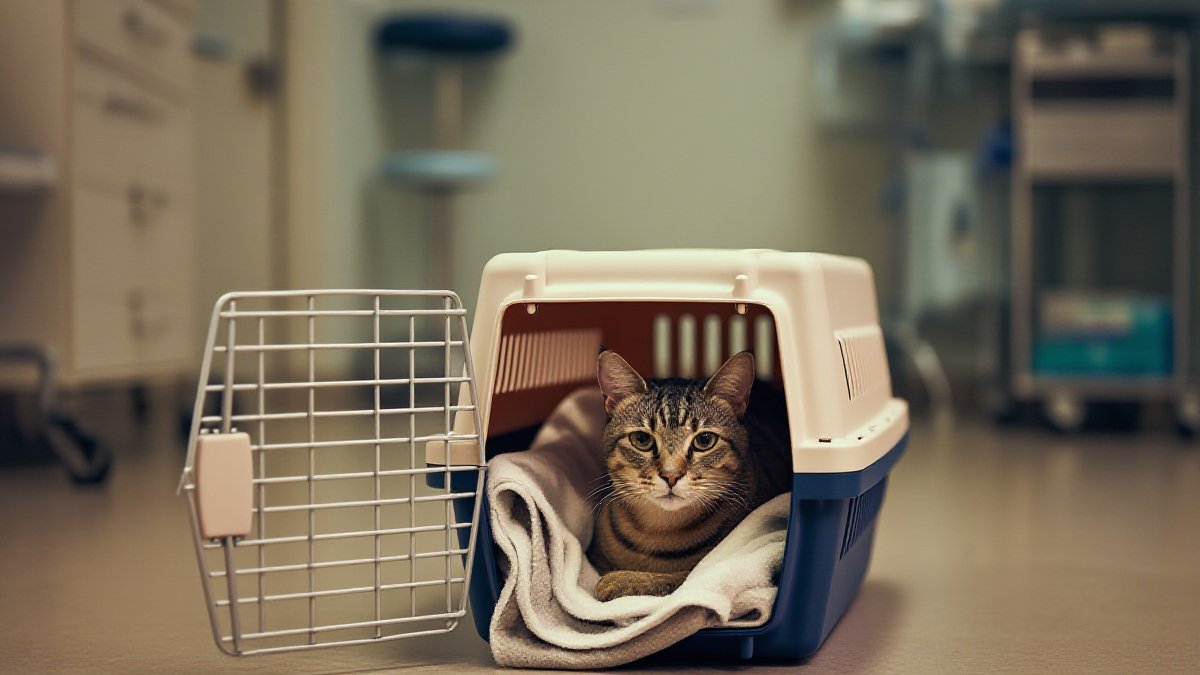 A calm cat resting inside an open carrier lined with a soft blanket, sitting in a quiet, softly lit room in a clean American veterinary clinic