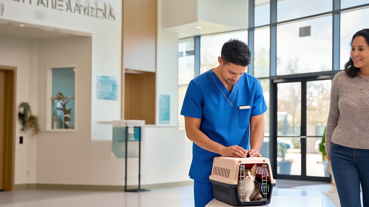 A gentle American veterinarian in scrubs carefully loading a calm cat into a carrier in the lobby of a modern American animal hospital, with a friendly cat owner watching, bright natural lighting, clean modern clinic interior