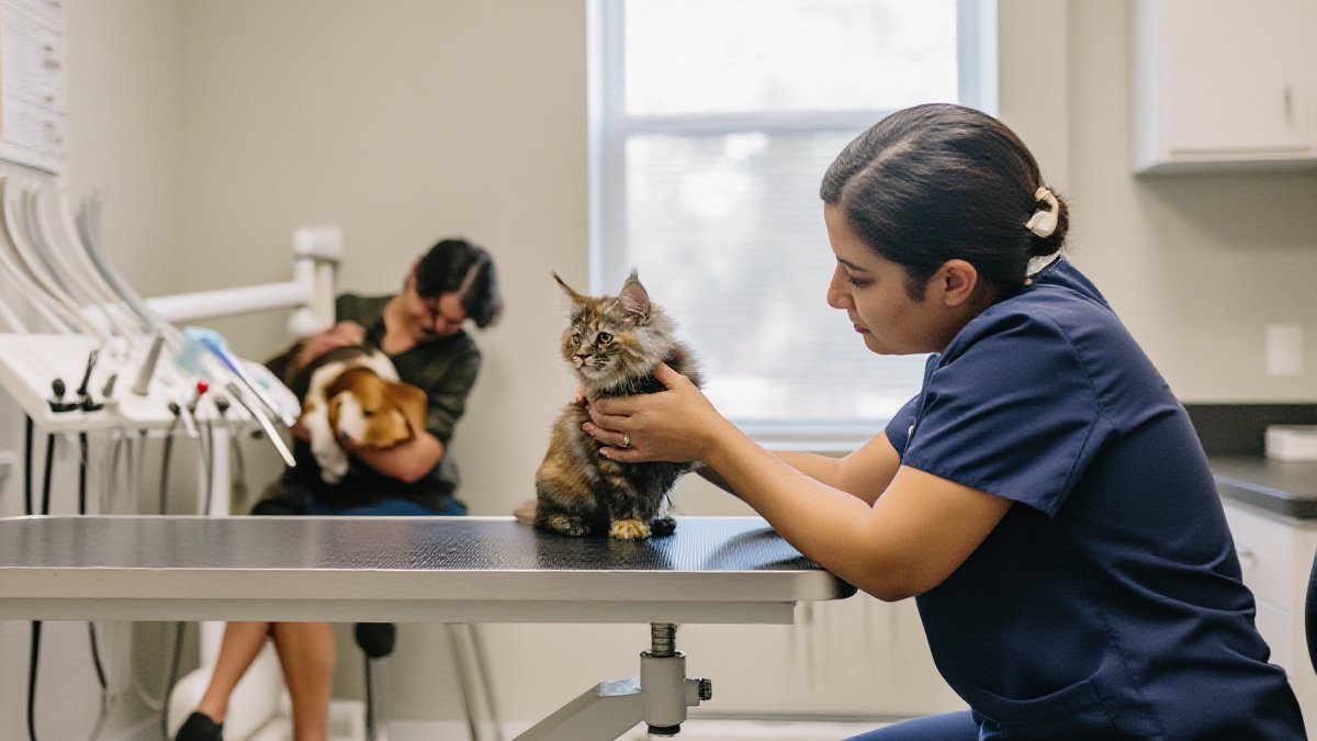 A fluffy Maine Coon kitten sitting calmly on an exam table while an American veterinarian kneels to greet it
