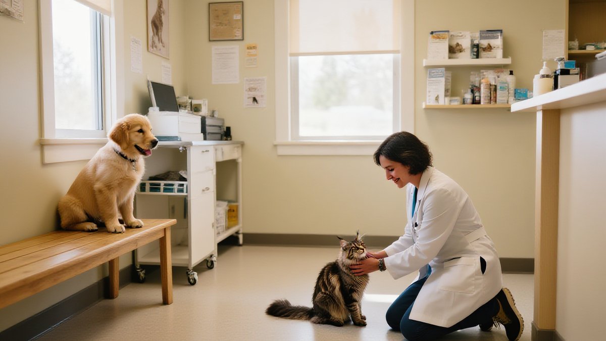 A friendly American veterinarian in a white coat greeting a brown tabby cat at the reception desk of a bright, modern feline veterinary hospital in suburban Northern California