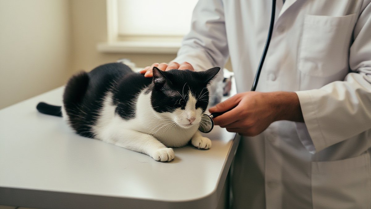 A calm black-and-white cat being examined with a stethoscope by an American veterinarian in a quiet, sunlit exam room