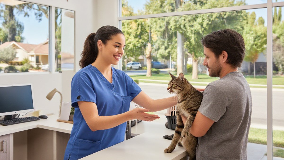 A welcoming reception area of a modern American feline veterinary clinic with a cat owner and a carrier being greeted warmly