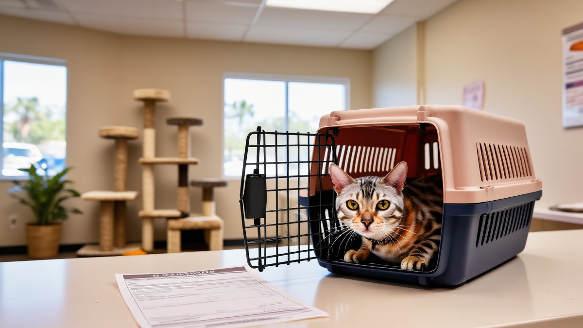 An orange tabby cat peeking out of a carrier on a clinic reception counter next to an itemized paper invoice