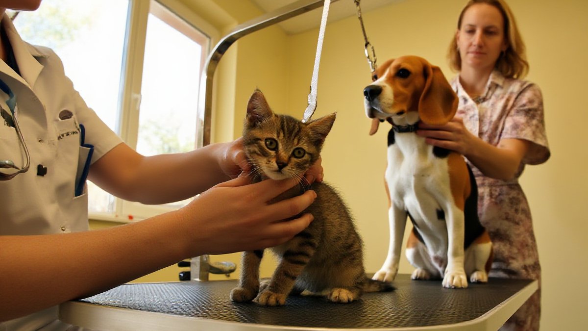 A brown patched tabby kitten being examined by a veterinary technician at a bright animal clinic