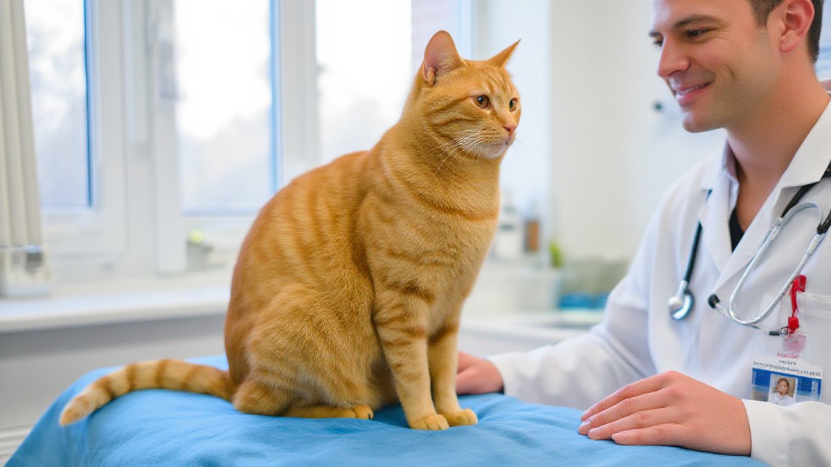 A calm orange tabby cat resting on a soft blue examination table inside a bright, clean American veterinary clinic, with a warm American veterinarian in a white coat nearby, natural daylight through large windows