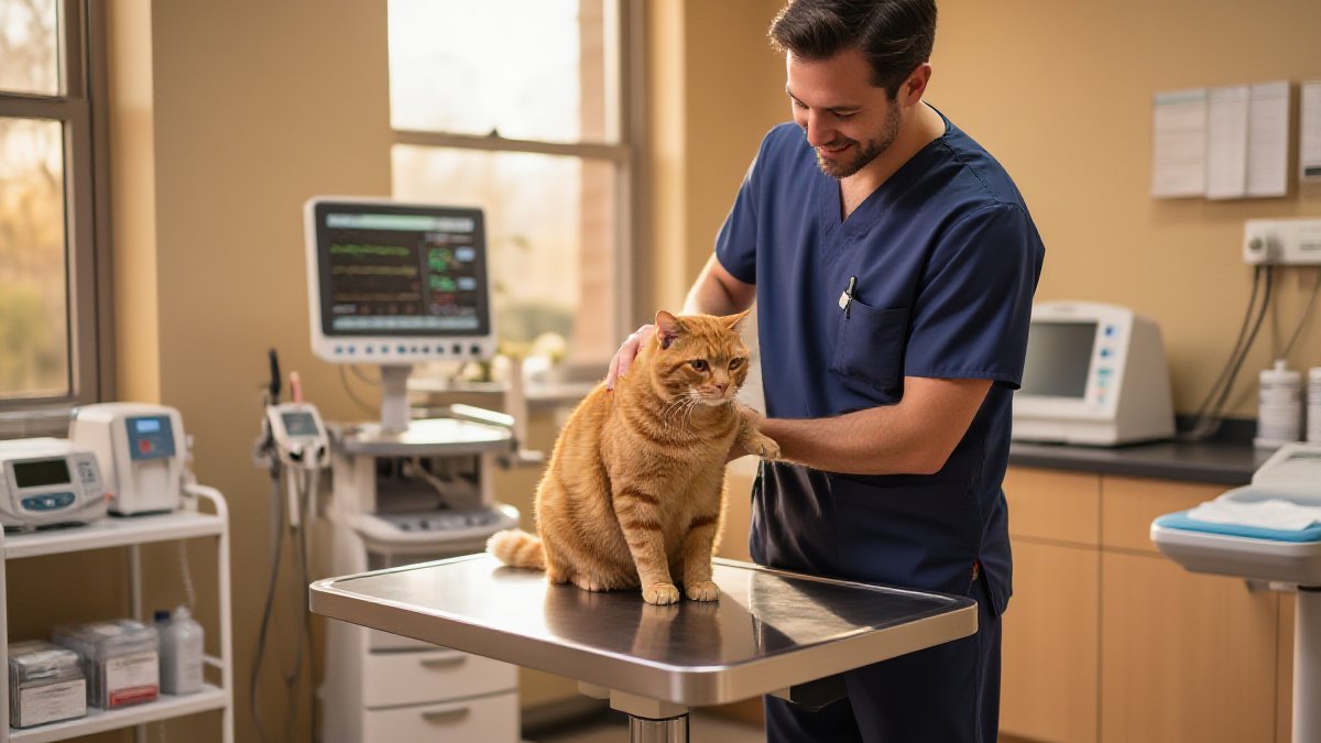 A senior tabby cat being examined by a veterinarian at an American veterinary clinic