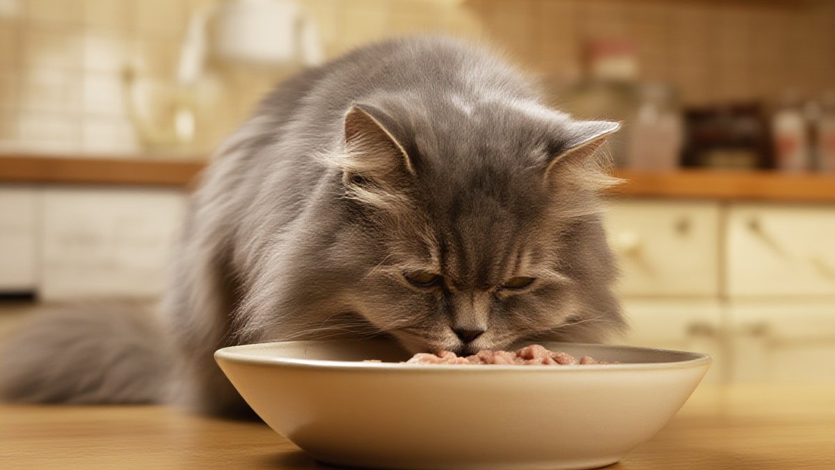 A grey senior cat with a white muzzle eating from a bowl of wet food on a kitchen counter in soft morning light