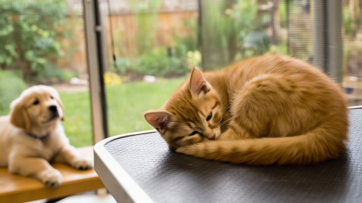 A senior grey tabby cat resting on a warm exam table in a bright veterinary room with golden window light