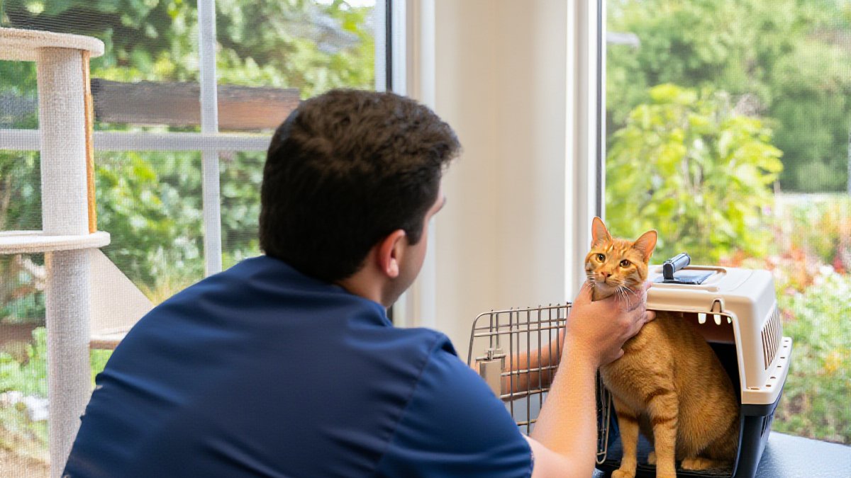 A calm cat waiting in a carrier at the reception of a friendly Central Florida veterinary hospital on surgery day
