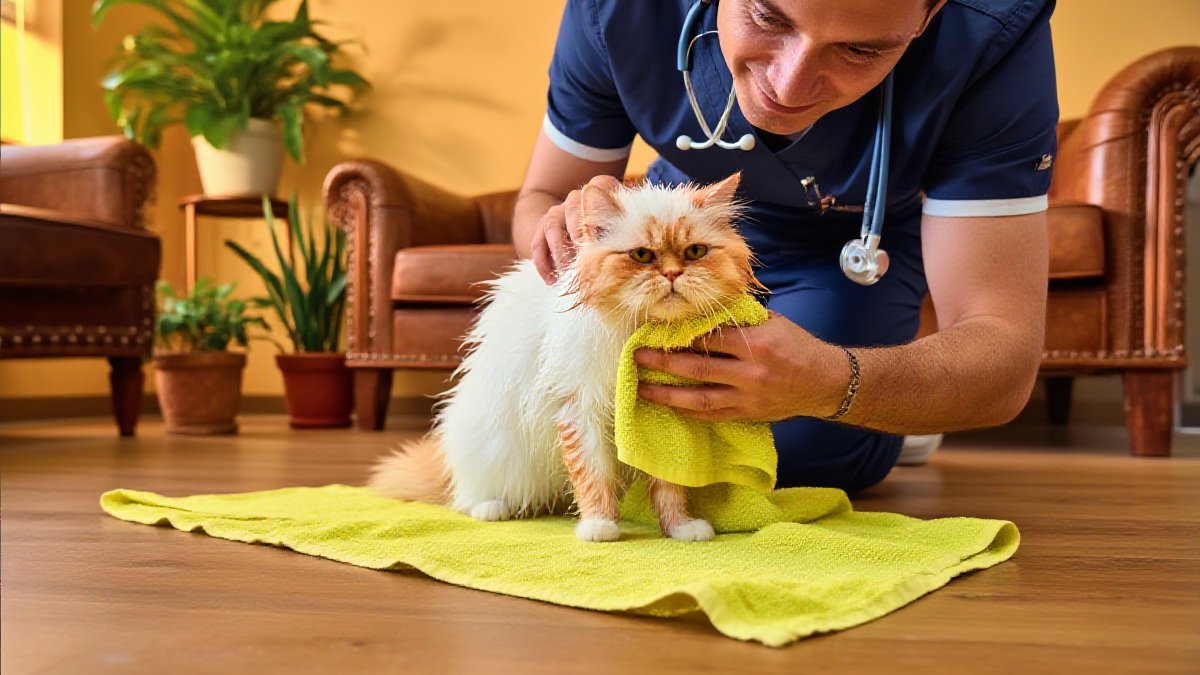 A wet orange tabby cat being toweled dry by a veterinary technician while an American veterinarian in navy scrubs checks its breathing after a hot Gulf Coast day