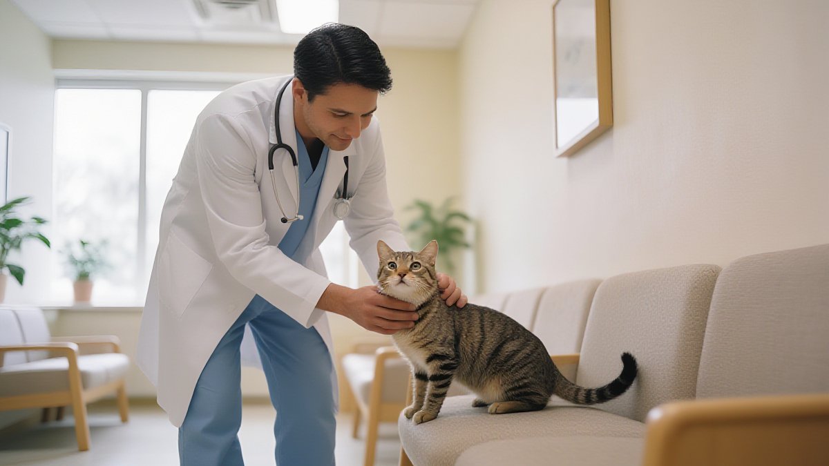 A friendly American veterinarian in a white coat gently examining a calm tabby cat in a bright, clean Helena, Montana veterinary clinic