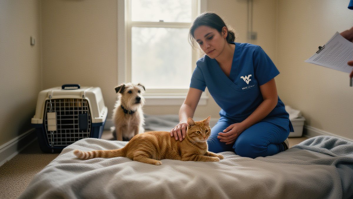 A gray British Shorthair cat sitting calmly on an exam table while a veterinarian reviews paperwork in a bright clinic room