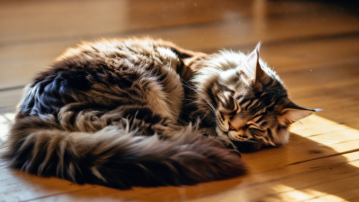 A large Maine Coon cat curled up asleep in a warm patch of morning sunlight on a wooden floor